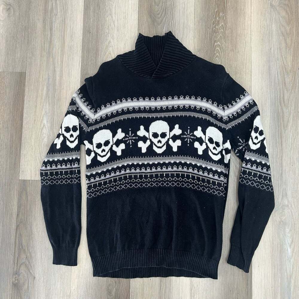 Cherokee Skull Sweater Size L 12/14 Black White Fair Isle Turtleneck